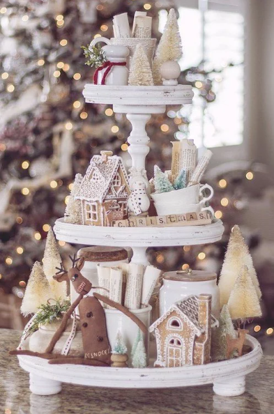 Neutral gingerbread Christmas tiered tray