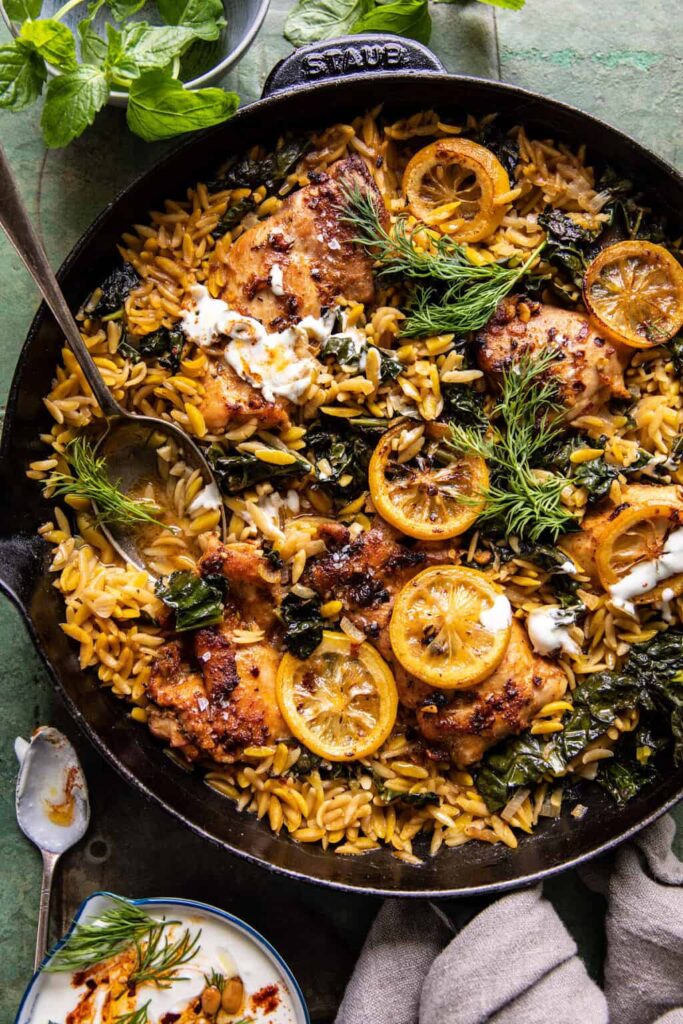 One Skillet Lemon Butter Dijon Chicken and Orzo with Feta Sauce the perfect winter dinner