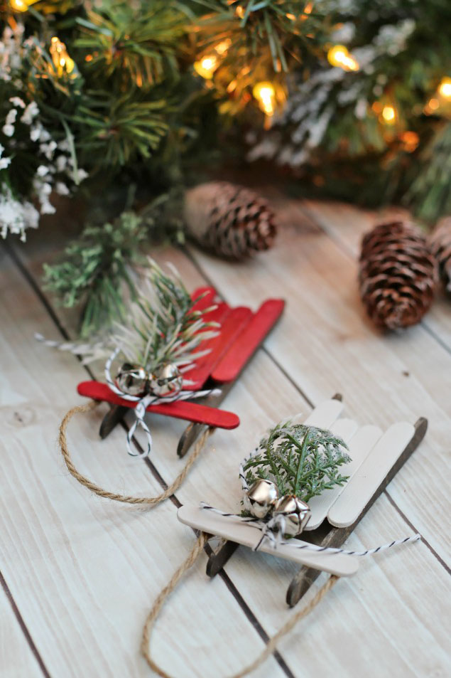 popsicle stick sleds rustic Christmas ornaments