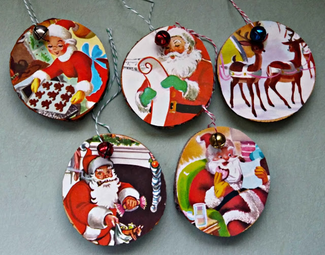 Vintage looking Christmas ornaments made from recycled Little Golden Books