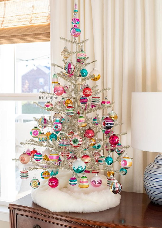 tinsel Christmas tree with vintage Shiny Brite ornaments