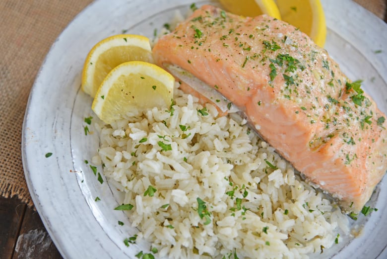 Yummy and easy to make Ranch rice serve with baked Salmon