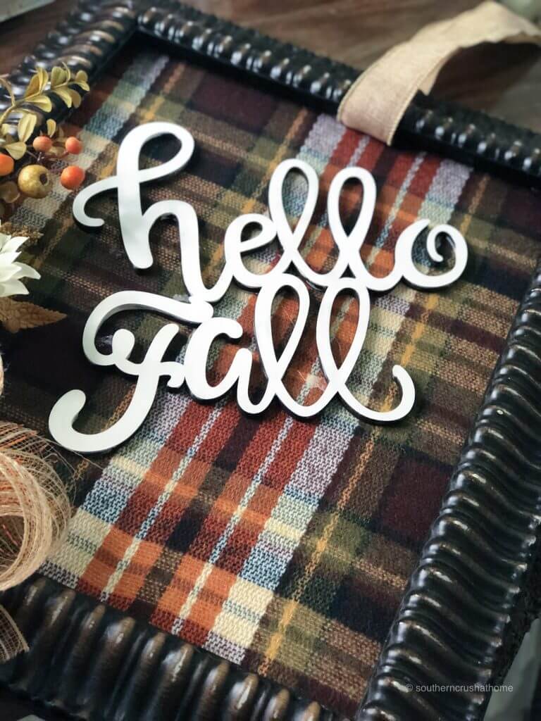 DIY picture frame wreath with Fall plaid decor saying hello fall