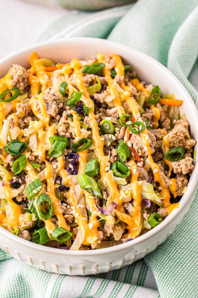 egg roll in a bowl made with seasoned ground turkey for an effortless low-carb dinner
