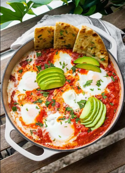 One Pan Shakshuka served with crusty bread to dip into the sauce