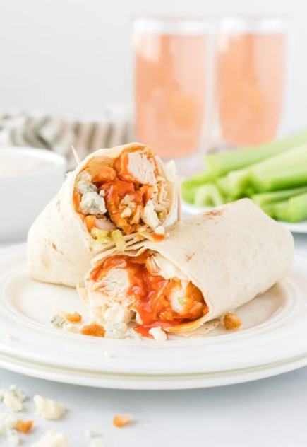 delicious and easy Buffalo Chicken Wrap that uses leftover chicken tenders