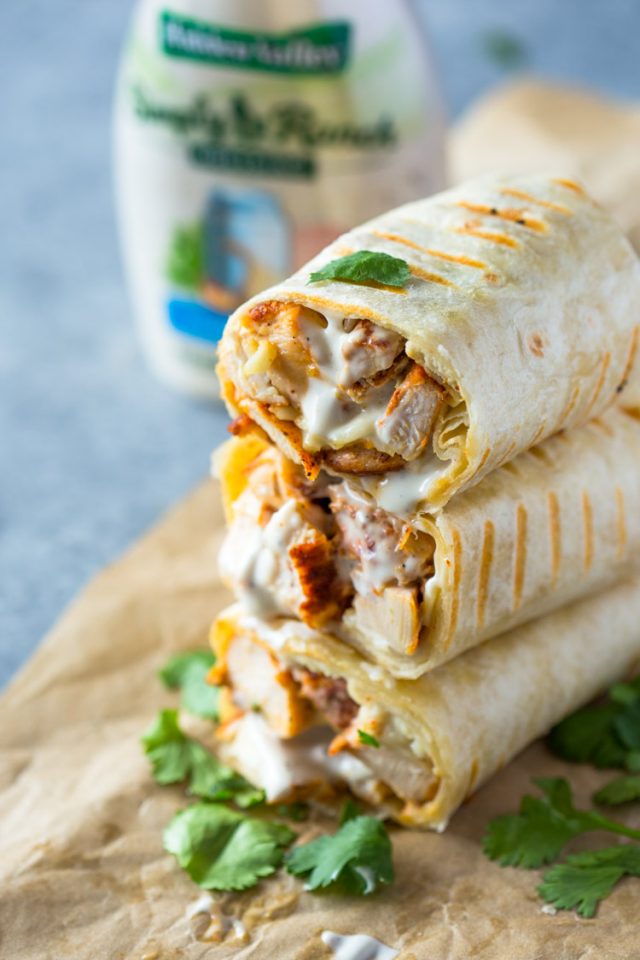 Healthy grilled chicken and ranch wraps loaded with chicken, cheese and ranch.