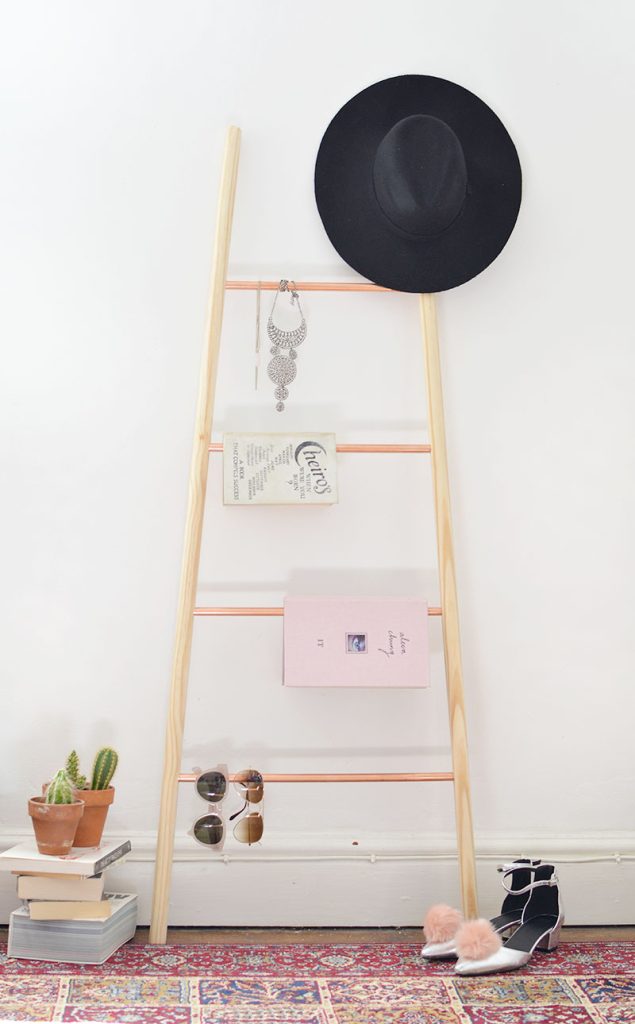 DIY copper and wood ladder shelf