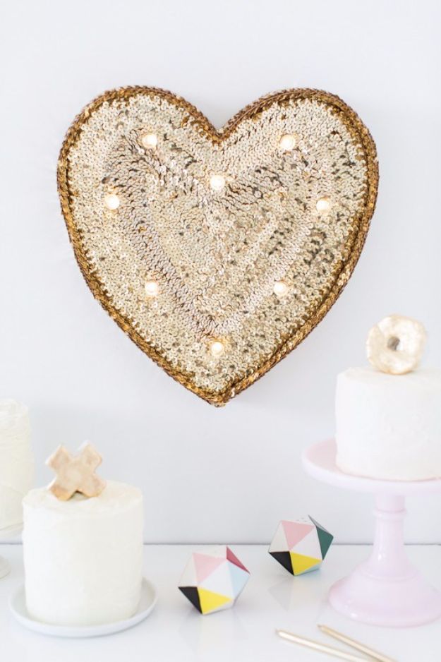 DIY Sequin Marquee Heart a beautiful teen bedroom decor